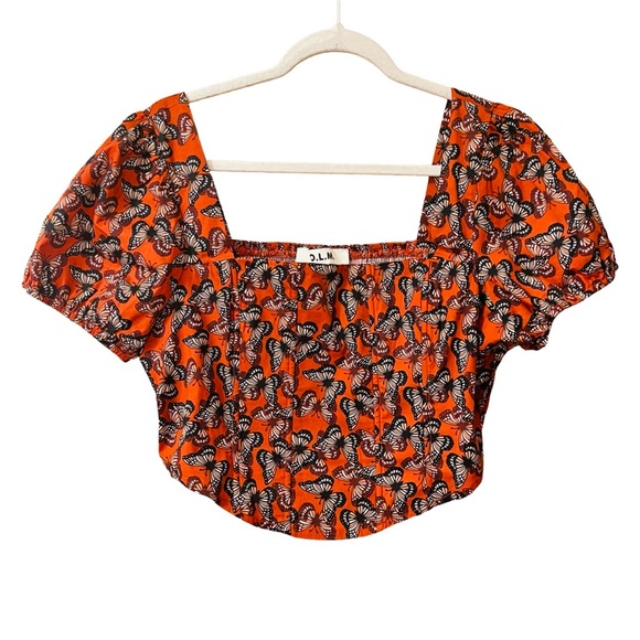 Vibrant Orange Butterfly Print Square Neck Corset Style Blouse - Picture 1 of 2